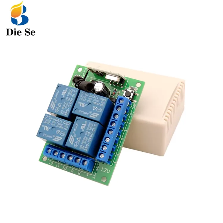 Technical illustration of the 433MHz, 12V 4 Channel Receiver Controller